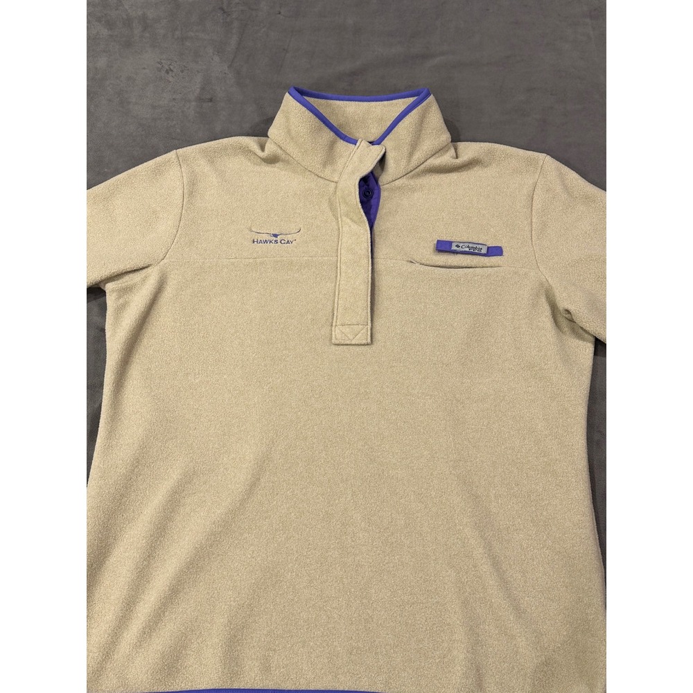 Columbia PFG Hawks Cay Fleece Pullover Tan Purple Snap Neck Large
